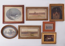 A collection of Victorian and later decorative pictures including 'Farm Yard' scene and a study of a