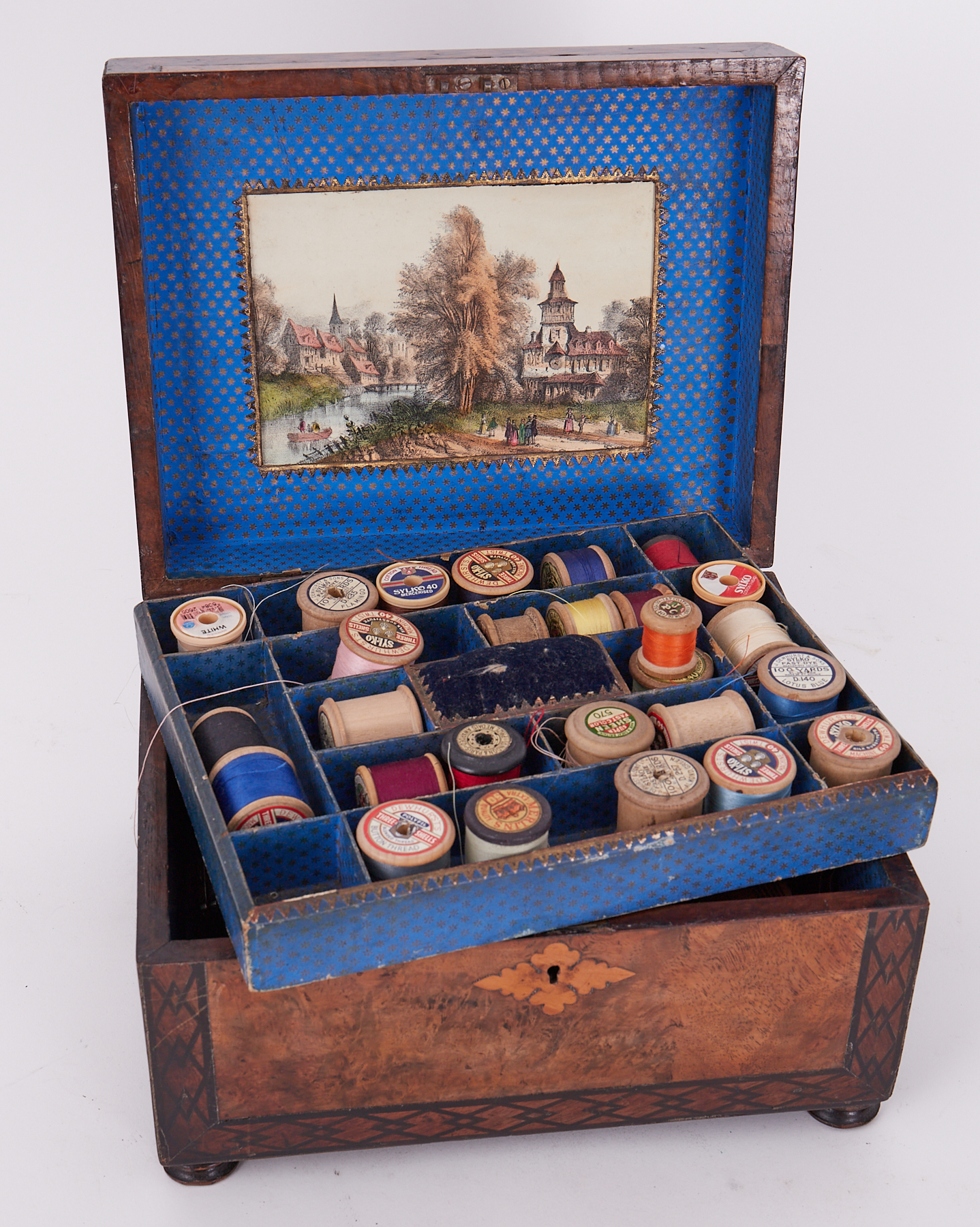 A Victorian walnut and parquetry inlaid sewing box the lid with a pictorial scene with a fitted tray - Image 2 of 12