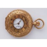 A Victorian 18ct gold fob watch with keyless movement and Arabic numeral enamelled dial.