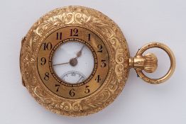 A Victorian 18ct gold fob watch with keyless movement and Arabic numeral enamelled dial.
