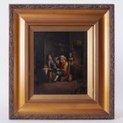 An oil on board, unsigned, 'Scene inside an Inn?, three pipe smokers', 23cm x 20cm, framed and