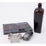 Mixed lot including small stained glass leaded panels, wine bottle, metal slave bangle etc.