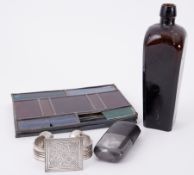 Mixed lot including small stained glass leaded panels, wine bottle, metal slave bangle etc.