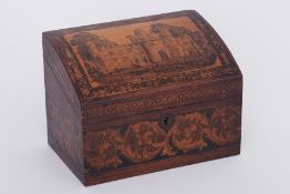 A Victorian Tunbridge ware stationary box, decorated with a castle scene, height 12cm, width 16cm.