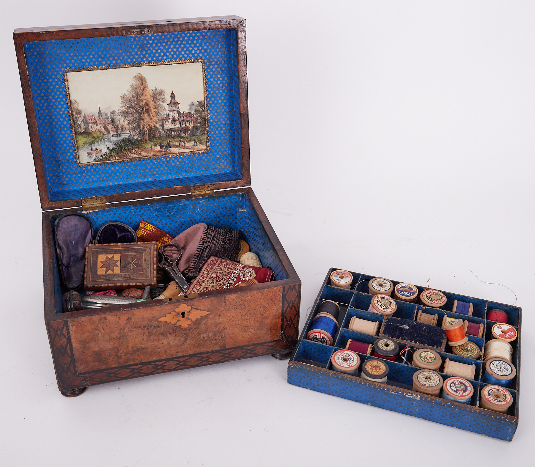 A Victorian walnut and parquetry inlaid sewing box the lid with a pictorial scene with a fitted tray - Image 3 of 12