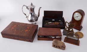 A mixed lot including Victorian tambour front desk writing set, a parquetry inlaid box, a carved