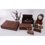 A mixed lot including Victorian tambour front desk writing set, a parquetry inlaid box, a carved