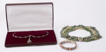 A mixed lot including an ornate silver & marcasite necklace, 16.83gm, a micro-mosaic bracelet (as