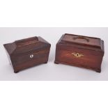 A Victorian rosewood tea caddy together with a Georgian mahogany tea caddy of rectangular form