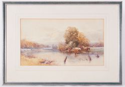 Tom Rowden (1842-1926) a signed watercolour 'Cattle by Riverside' 27.5cm x 49cm, framed and glazed.