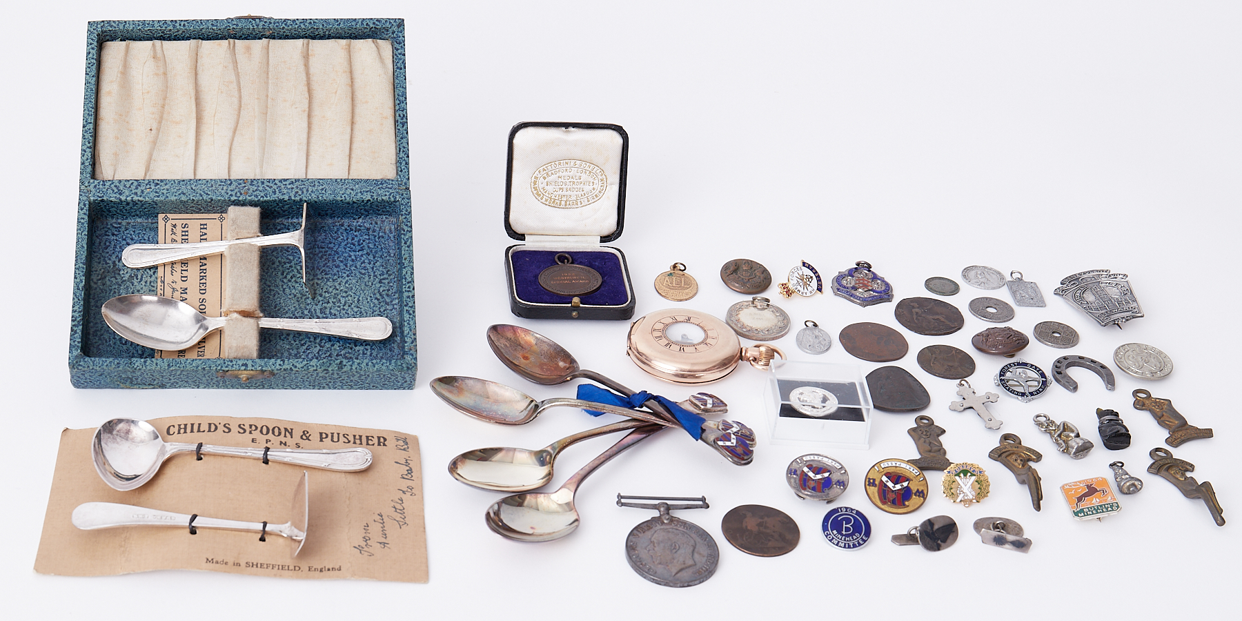 An interesting mixed lot to include a gold plated pocket watch, silver spoon & pusher, EPNS silver