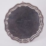 A QEII silver salver, date mark 1957, Birmingham, with inscription, approx 21oz.