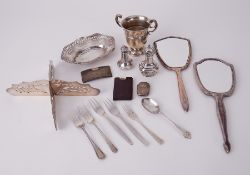 A collection of silver wares including a silver and pierced dish, Chester, dated 1913-14, maker