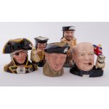 Three Royal Doulton character jugs including Vice-Admiral Lord Nelson, Winston Churchill and Monty