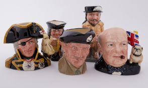 Three Royal Doulton character jugs including Vice-Admiral Lord Nelson, Winston Churchill and Monty