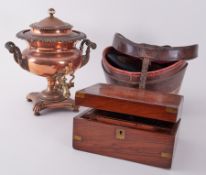 A top hat by Cooper Box & Co in leather case together with copper Samovar and Victorian writing