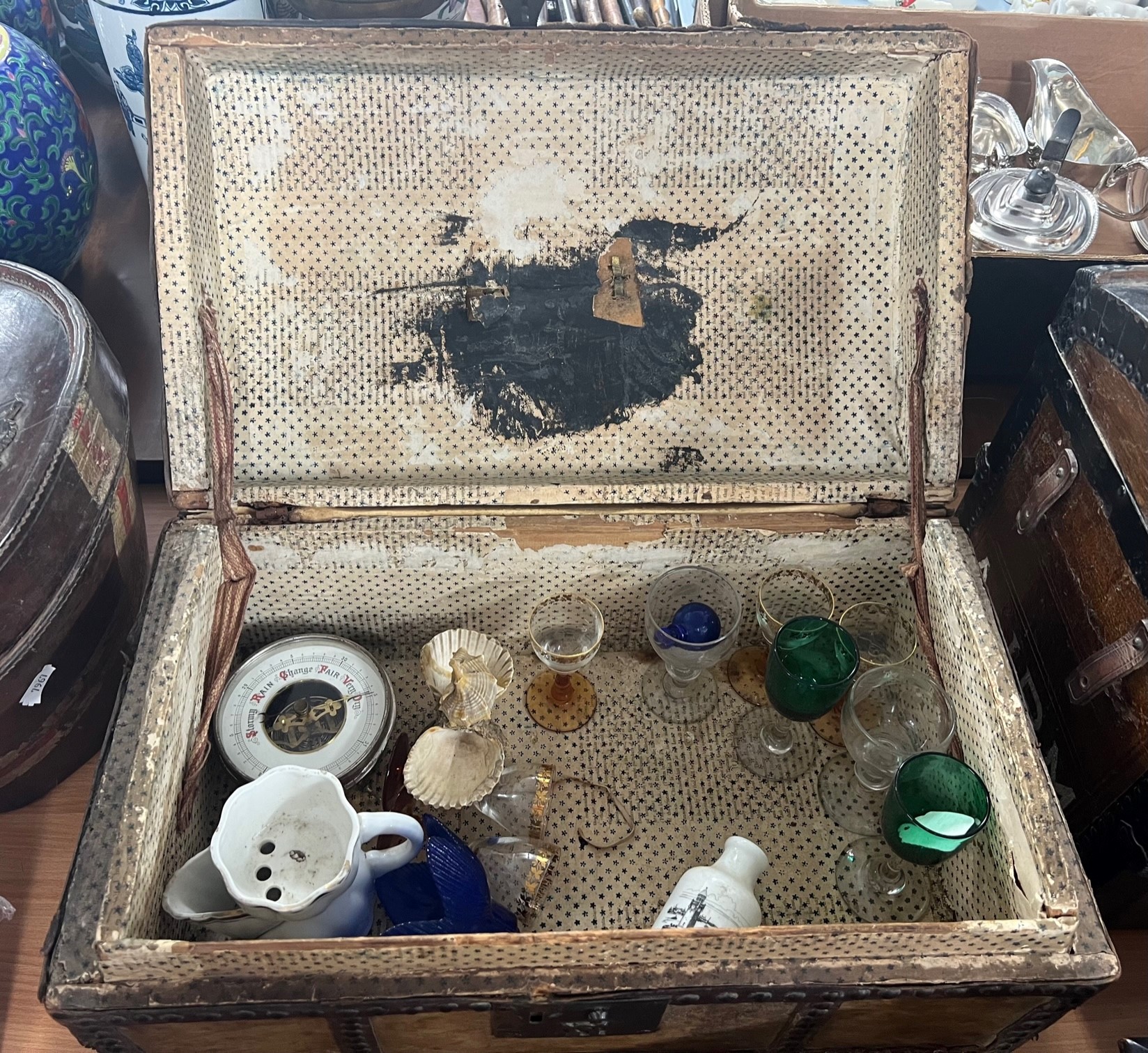 Two 19th century small dome top travel chest's one with a fitted interior and assorted contents - Image 4 of 5