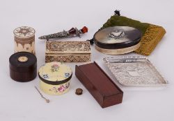A mixed lot to include a small horn and silver mounted snuff box possibly Scottish and enamelled