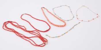 A mixed lot to include three coral necklaces, a 9ct yellow gold & coral necklace, 2.00gm, a 9ct