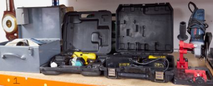 An assortment of power tools to include Bosch drill, Bosh circular saw, two DeWalt drills etc all