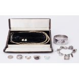 A mixed lot to include faux pearls, faux pearl studs, silver engraved bangle, 37.27gm, silver