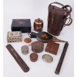 A mixed lot including old leather large binoculars case, Tortoiseshell style box, lacquered box, tea