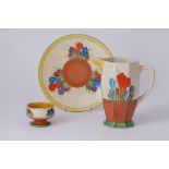 Clarice Cliff, crocus pattern jug, plate and sugar bowl (faults).