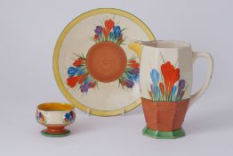 Clarice Cliff, crocus pattern jug, plate and sugar bowl (faults).