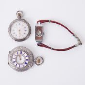 Two ornate silver & enamel pocket watches, total weight 79.00gm and an Art Deco jump hour watch, (