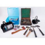 Large collection of tools including hammers, axes, cutting discs, drill sharpening tool, Parkside