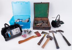 Large collection of tools including hammers, axes, cutting discs, drill sharpening tool, Parkside