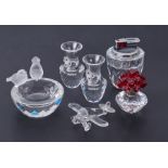 Swarovski Crystal Glass, 'Aeroplane', two 'Vases' decorated with flowers, 'Bird bath', 'Vase of