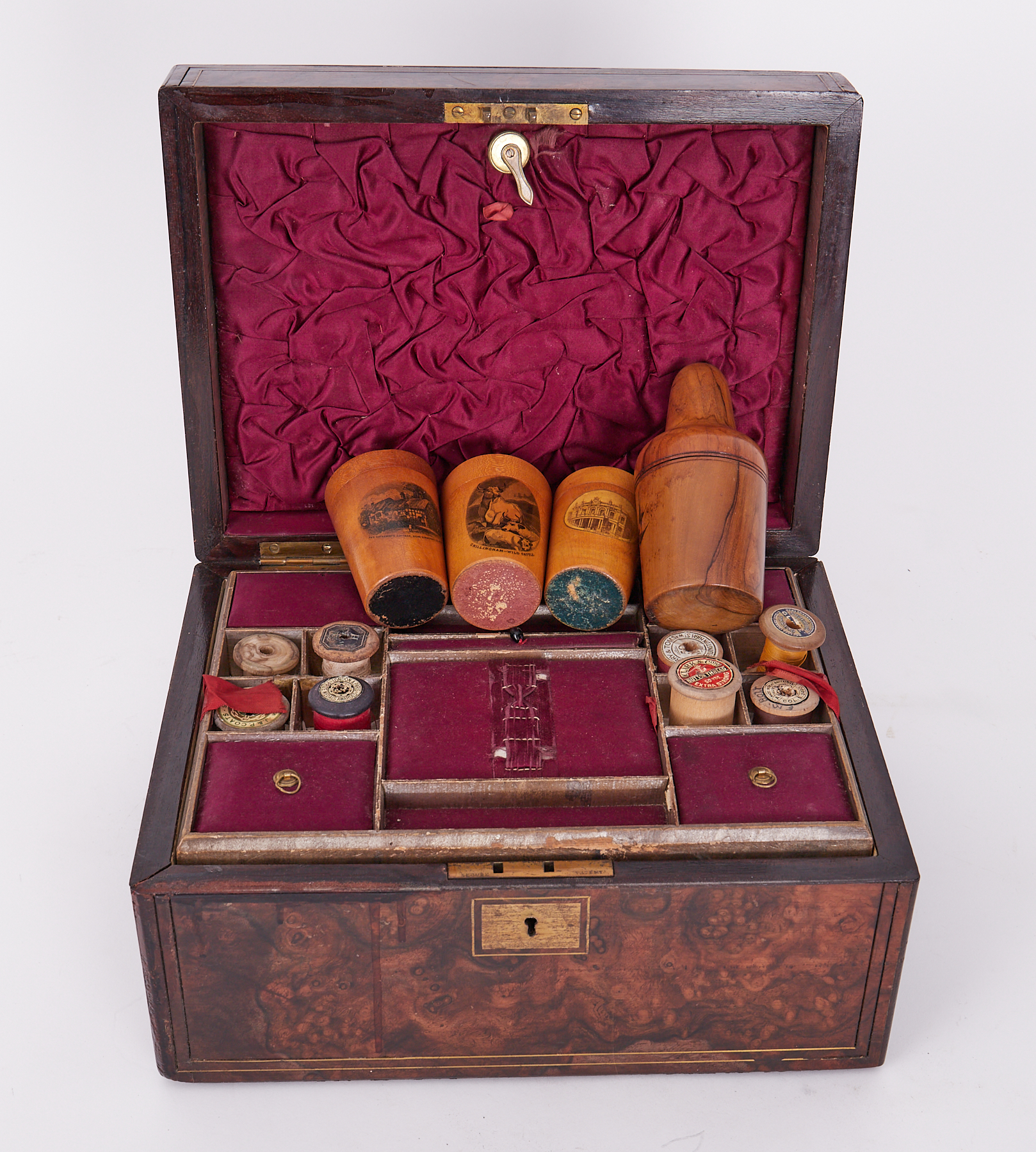 A Victorian walnut and brass strung sewing box fitted with interior containing various woodware, - Image 2 of 2