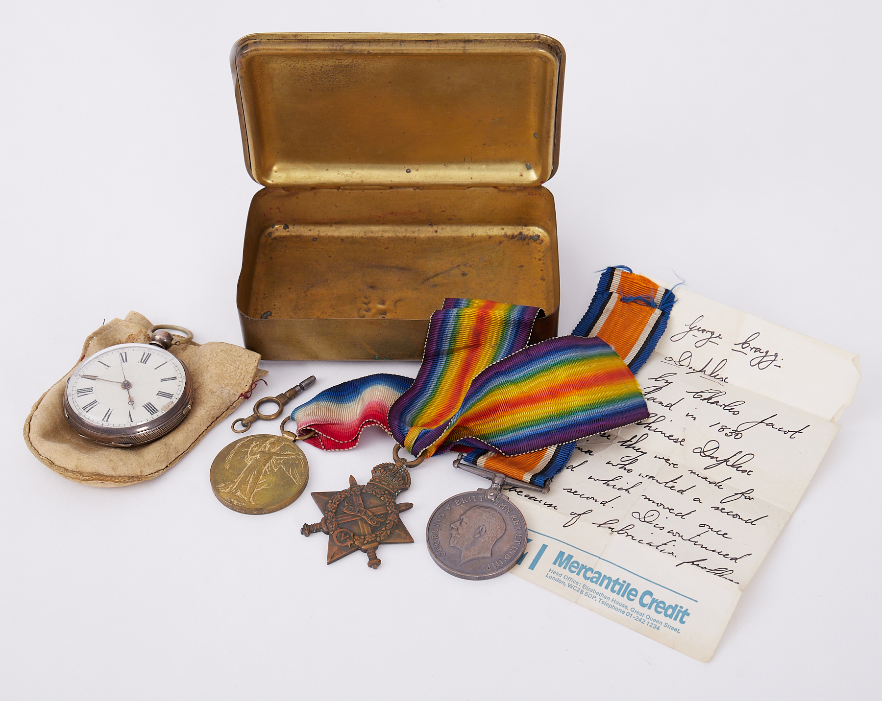 Three Great War medals awarded to 416 PTE.E.CRAGG.R.A.M.C., Mary Tin also a pocket watch. - Image 2 of 2