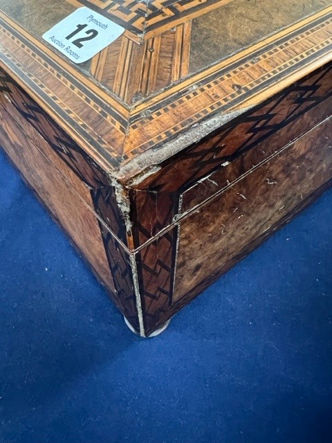 A Victorian walnut and parquetry inlaid sewing box the lid with a pictorial scene with a fitted tray - Image 6 of 12