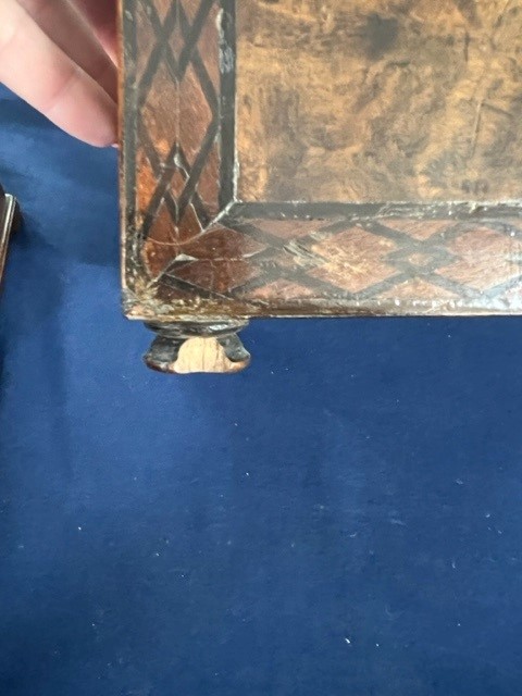 A Victorian walnut and parquetry inlaid sewing box the lid with a pictorial scene with a fitted tray - Image 10 of 12