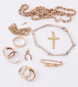 A mixed lot of 9ct gold to include chains, hoop earrings, wedding band, charm, bracelet, cross & a
