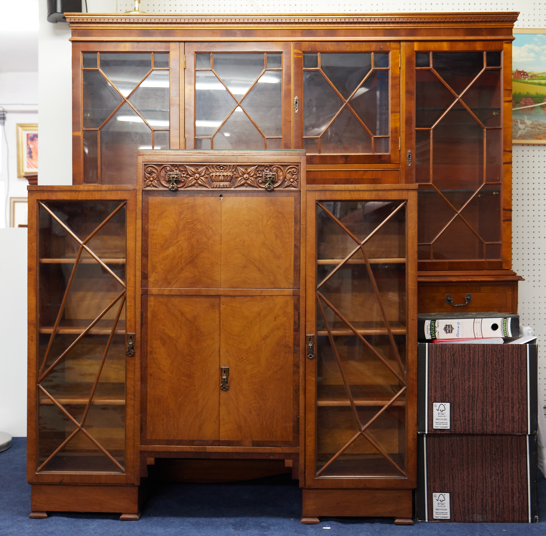 A modern wall unit cabinet, width 178cm also an Art Deco style display cabinet (2).