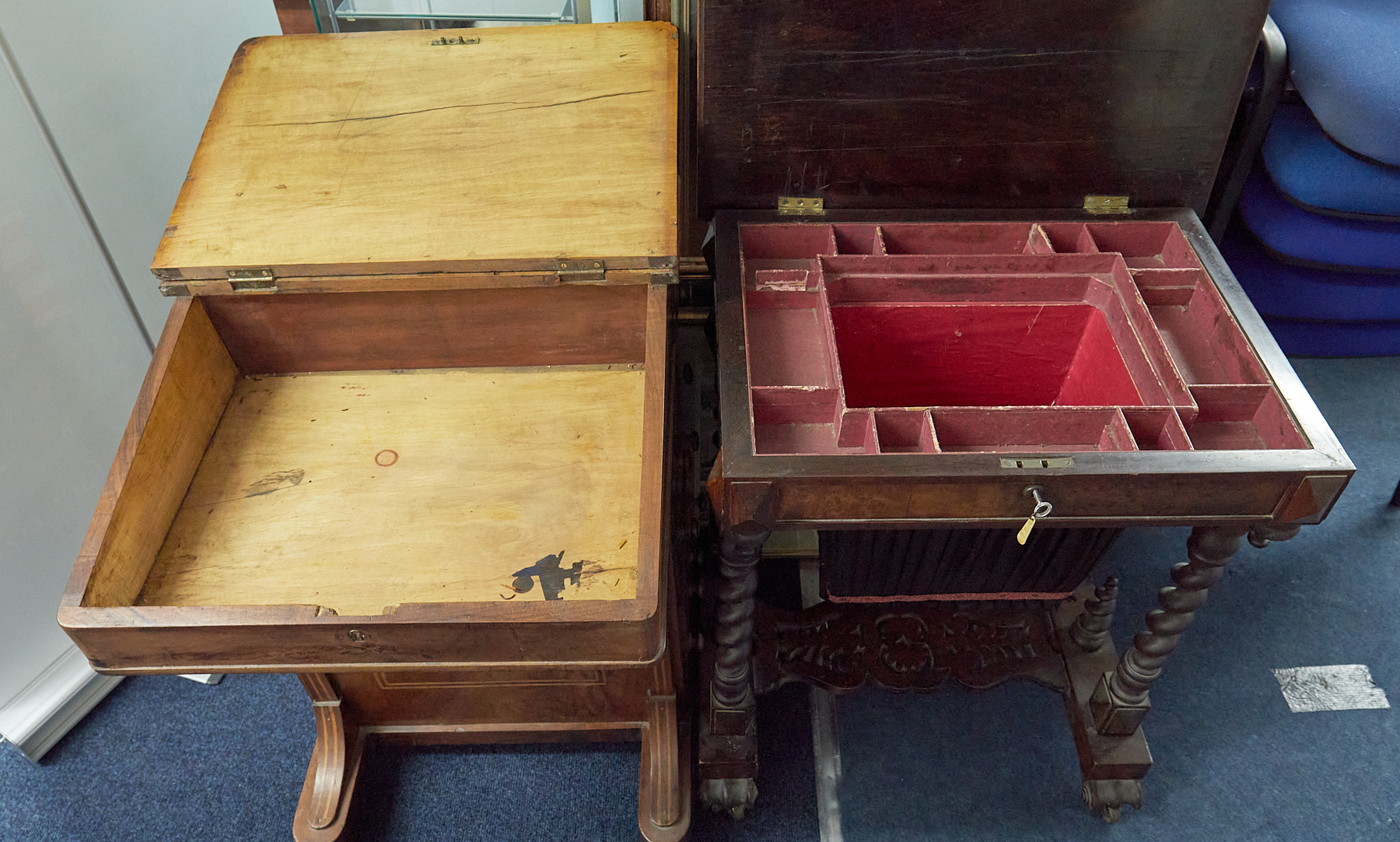 A Victorian walnut davenport together with a Victorian walnut and inlaid sewing table (2). - Image 2 of 2