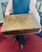 Antique oyster veneered walnut lace box, partly fitted inside, width 53cm, depth 40cm, height 13cm.