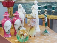A pair of Parian classical figures, tallest 38cm, Noritake porcelain vase, pair of oriental jars and