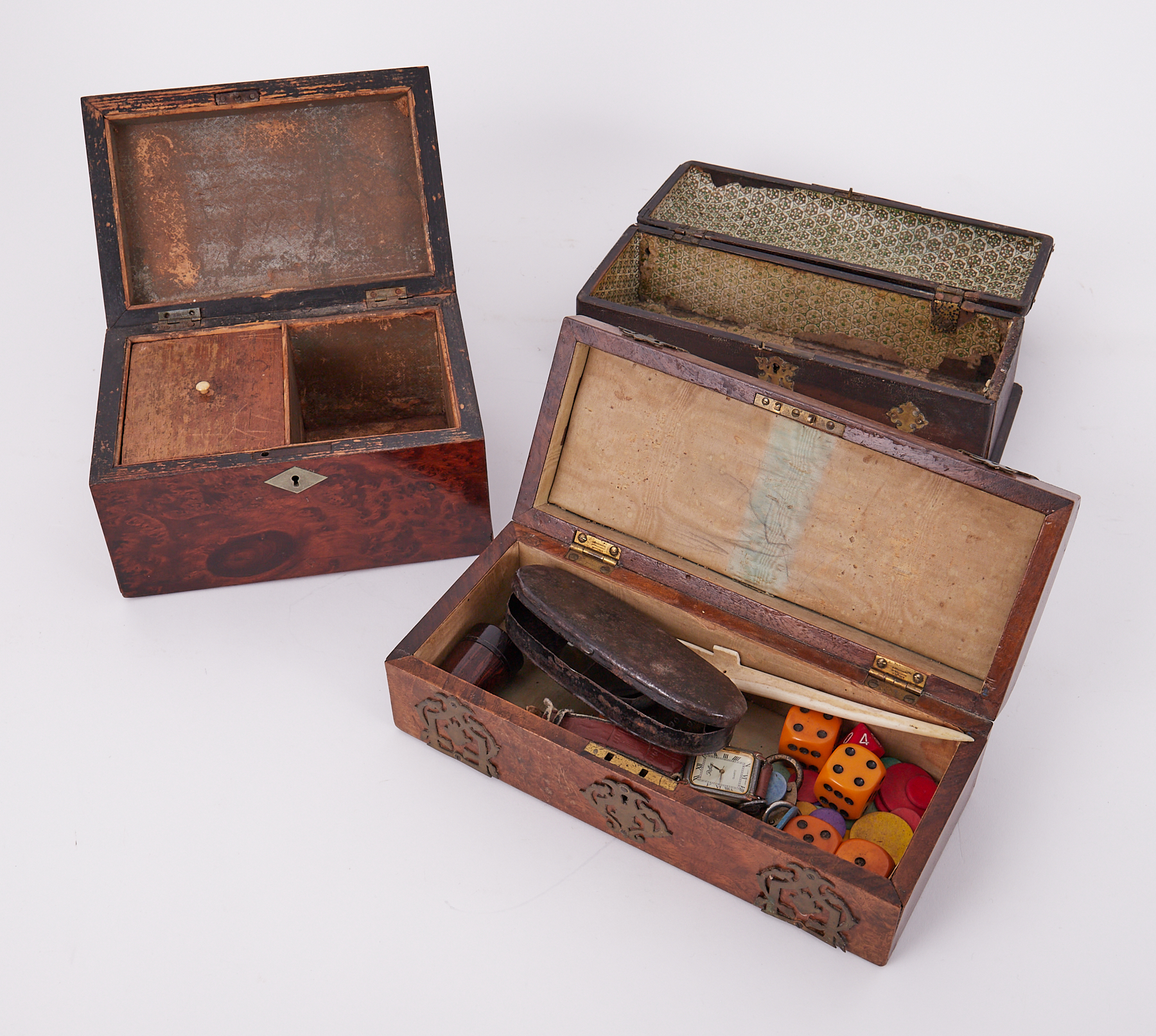 Two Victorian walnut and other glove boxes, one containing various items including a Reflex gents - Image 2 of 2