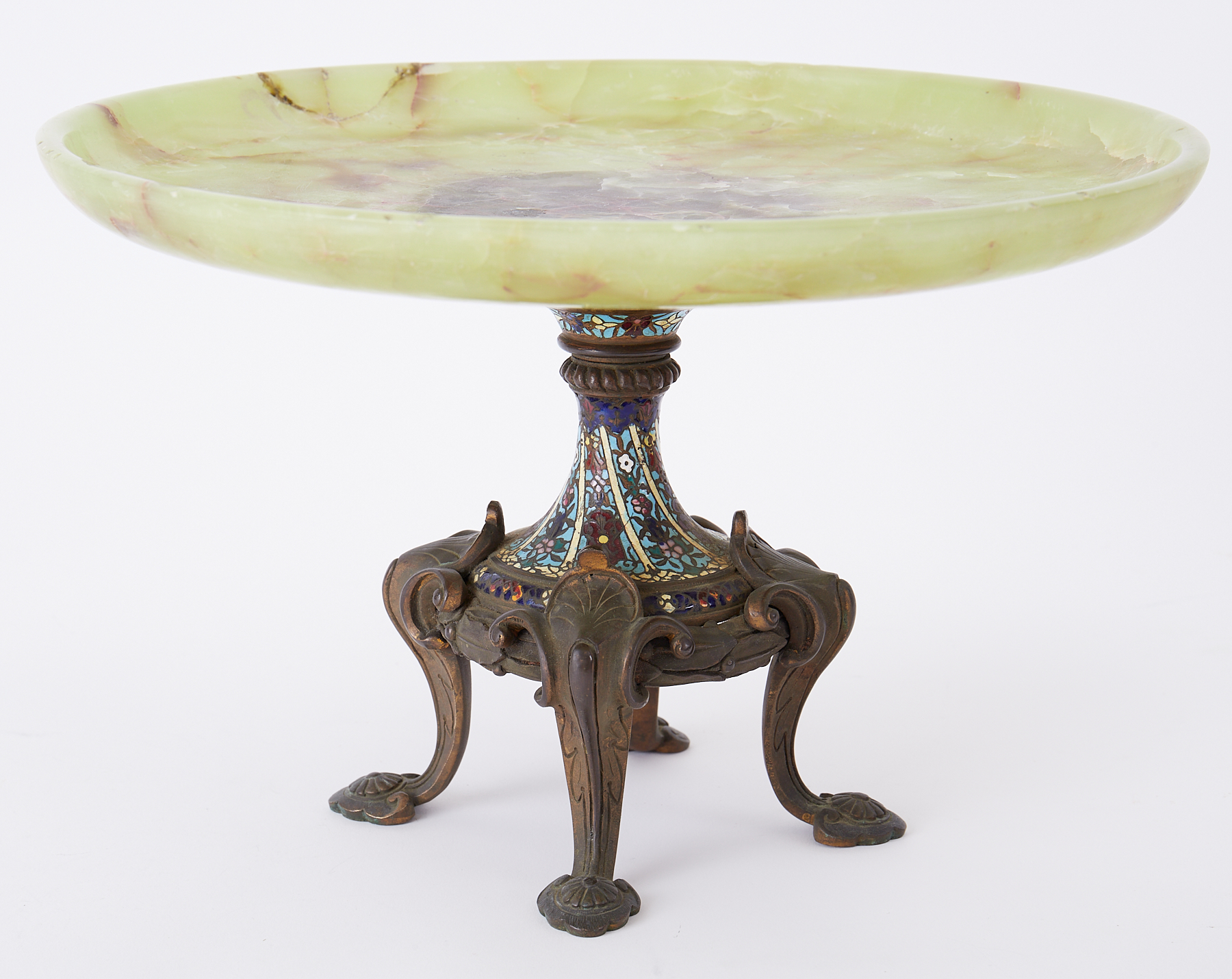 A 19th century French cloisonné enamelled and green marble (onyx) comport / tazza on pedestal