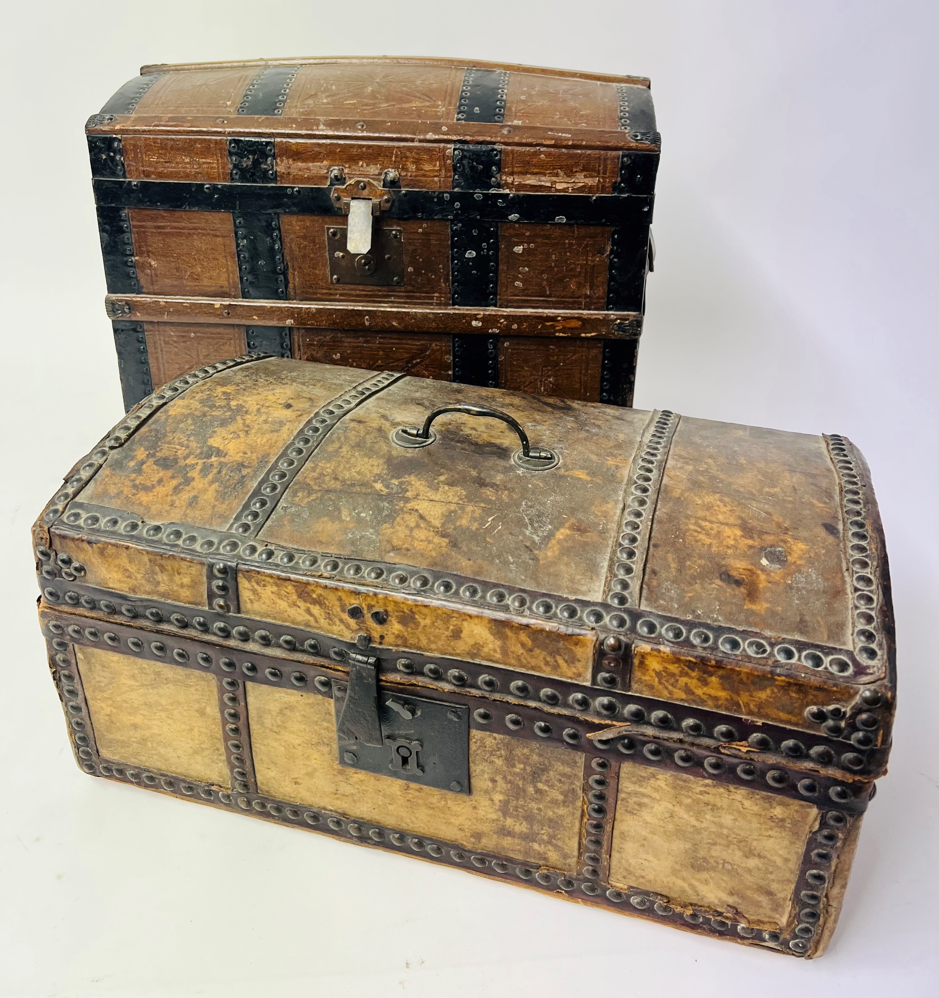 Two 19th century small dome top travel chest's one with a fitted interior and assorted contents - Image 2 of 5