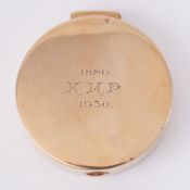 A 9ct yellow gold compact with internal mirror & mesh insert, engraved on the lid '1880 K.M.P 1930',