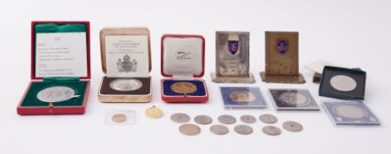 A collection of various coins including commemorative medallions, 1951crown, Prince of Wales