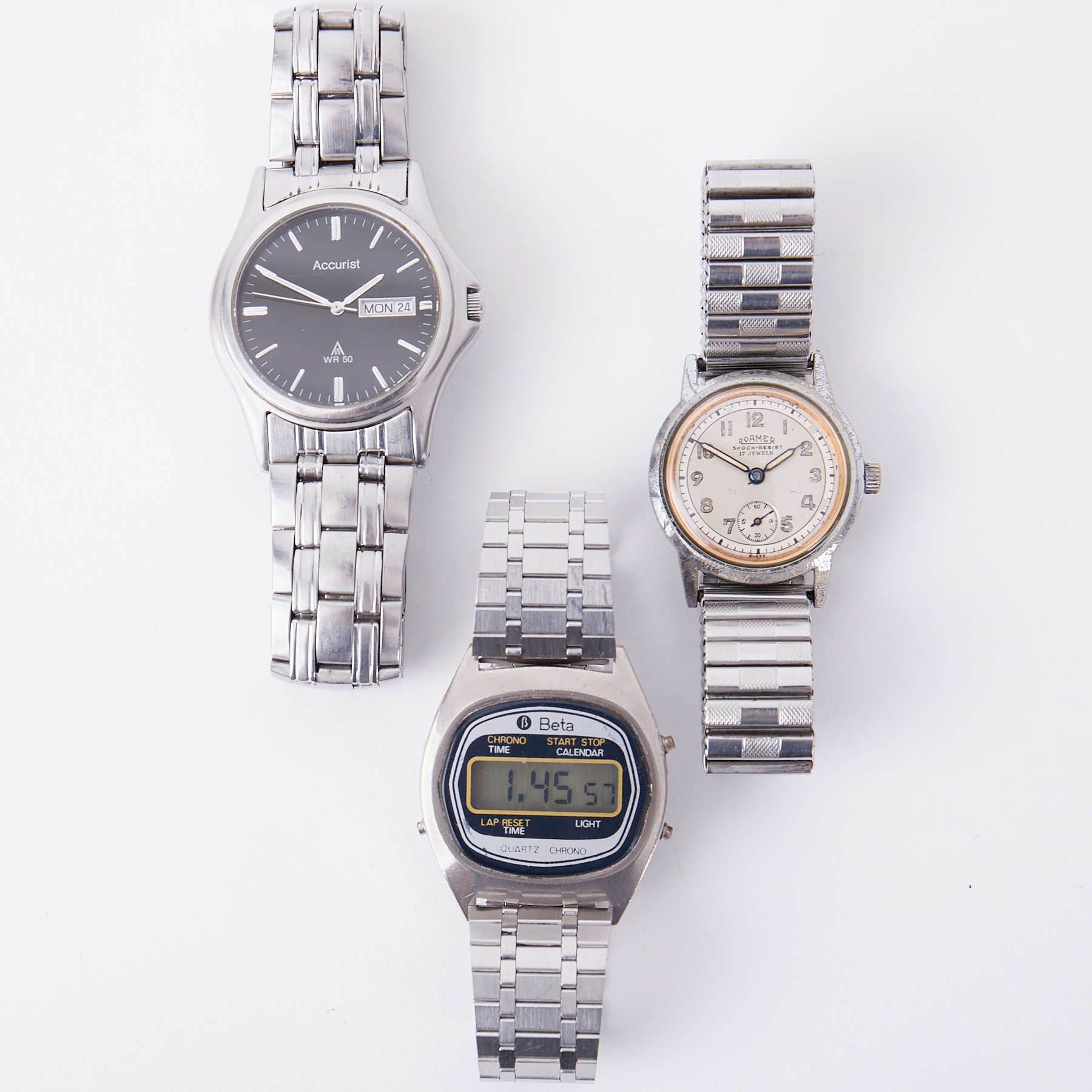 Three wristwatches to include an Accurist, Beta digital watch and a vintage Roamer, (3).