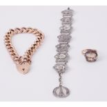 A 9ct rose gold curb link bracelet with heart padlock, 16.90gm, a gold cocktail ring with a paste