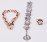 A 9ct rose gold curb link bracelet with heart padlock, 16.90gm, a gold cocktail ring with a paste