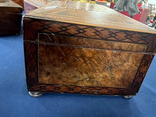 A Victorian walnut and parquetry inlaid sewing box the lid with a pictorial scene with a fitted tray - Image 7 of 12